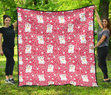 Maneki Neko Lucky Cat Sakura Pink Background Premium Quilt