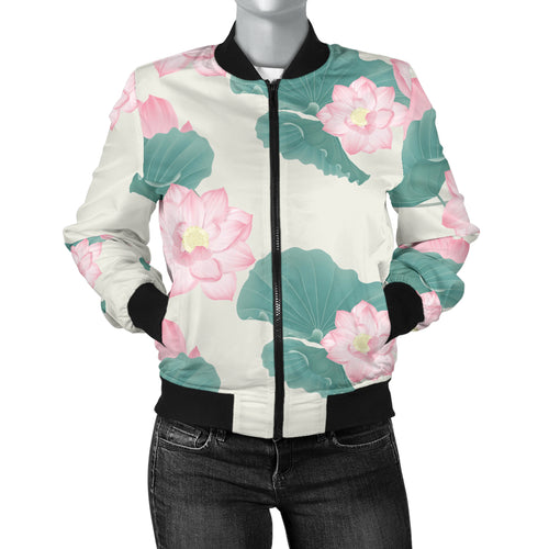 Pink Lotus Waterlily Leaves Pattern Women'S Bomber Jacket