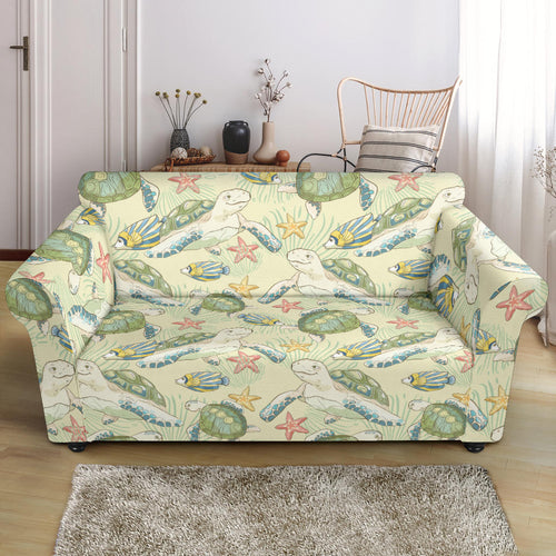 Hand Drawn Sea Turtle Fish Pattern Loveseat Couch Slipcover