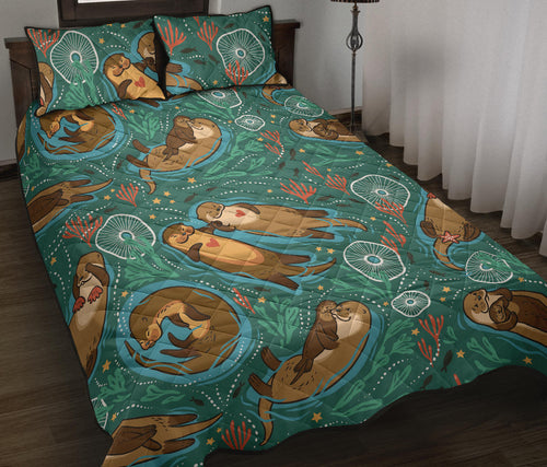 cute brown sea otters ornamental seaweed corals green water Quilt Bed Set