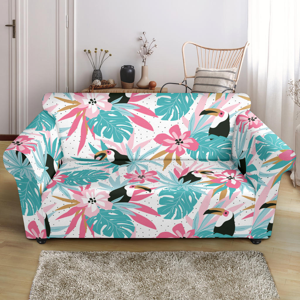 Toucan Tropical Flower Leave Pattern Loveseat Couch Slipcover