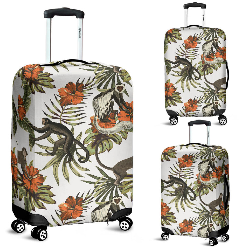 Monkey Red Hibiscus Flower Palm Leaves Floral Pattern Luggage Covers