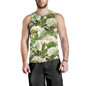 White orchid flower tropical leaves pattern Men Tank Top