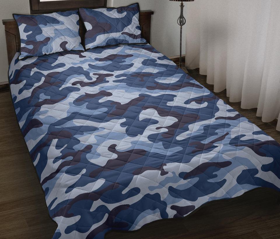 Blue camo camouflage pattern Quilt Bed Set