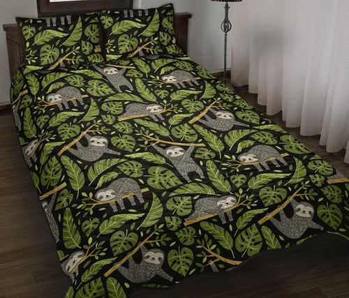 Cute sloths tropical palm leaves black background Quilt Bed Set