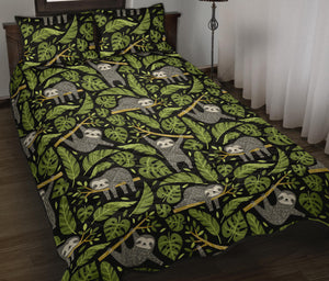 Cute sloths tropical palm leaves black background Quilt Bed Set