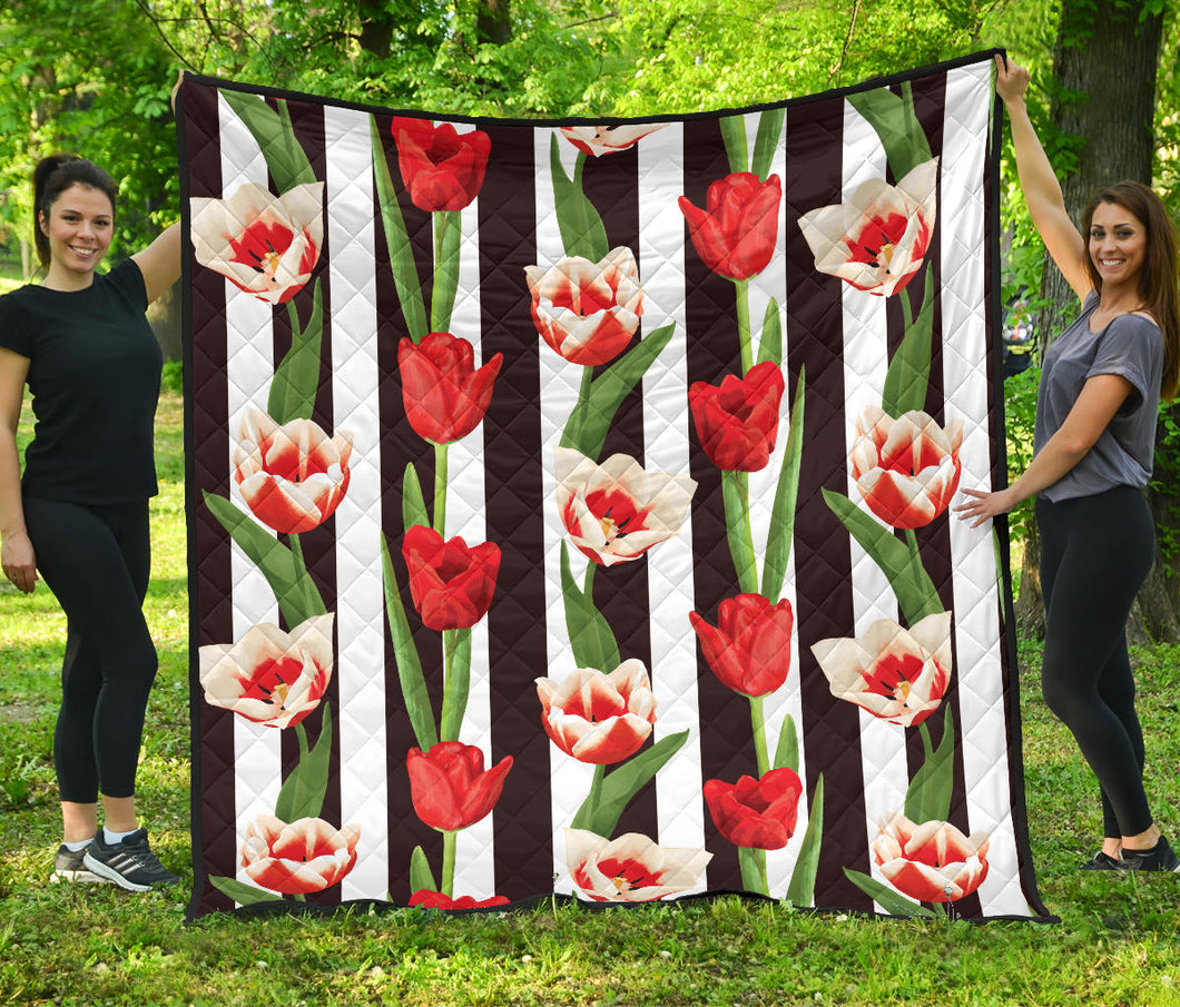 Red And White Tulips Pattern Premium Quilt