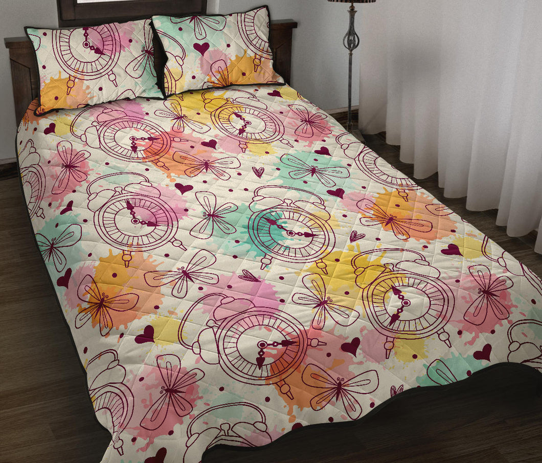Clock butterfly pattern Quilt Bed Set
