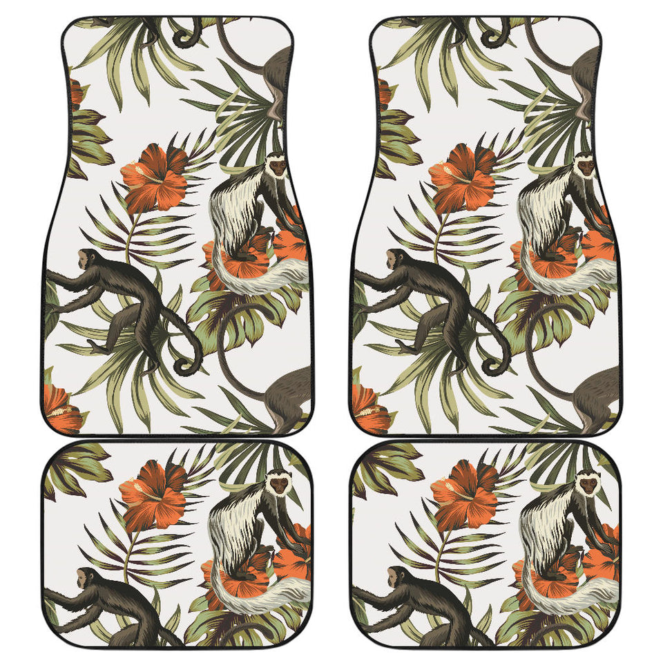 Monkey Red Hibiscus Flower Palm Leaves Floral Pattern Front And Back Car Mats