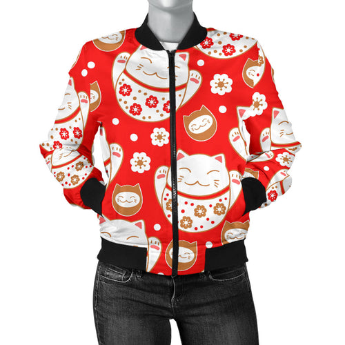Cute Maneki Neko Lucky Cat Red Background Women'S Bomber Jacket