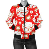 Cute Maneki Neko Lucky Cat Red Background Women'S Bomber Jacket