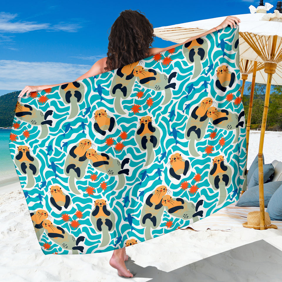 Cute Sea Otters Fishe Sea Urchin Pattern Sarong