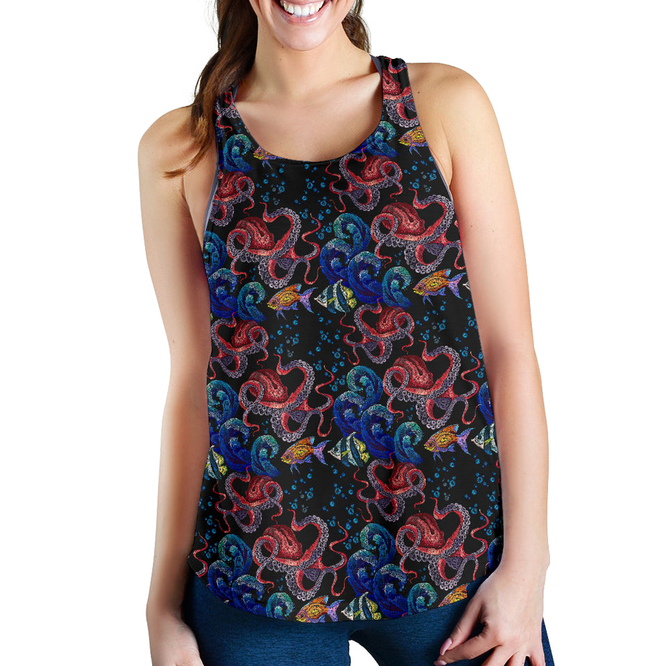 Octopus sea wave tropical fishe pattern Women Racerback Tank Top
