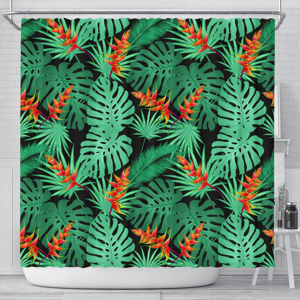 Heliconia Flower Palm Monstera Leaves Black Background Shower Curtain Fulfilled In US