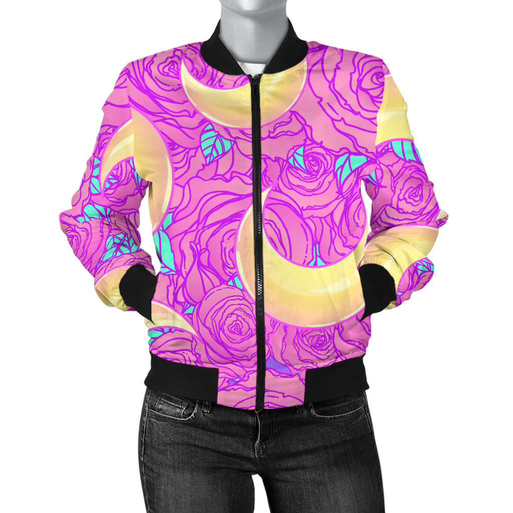 Moon Pink Rose Background Women'S Bomber Jacket