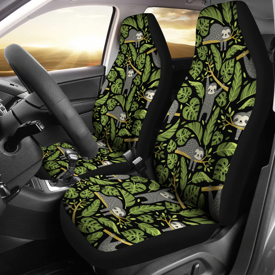 Cute Sloths Tropical Palm Leaves Black Background  Universal Fit Car Seat Covers