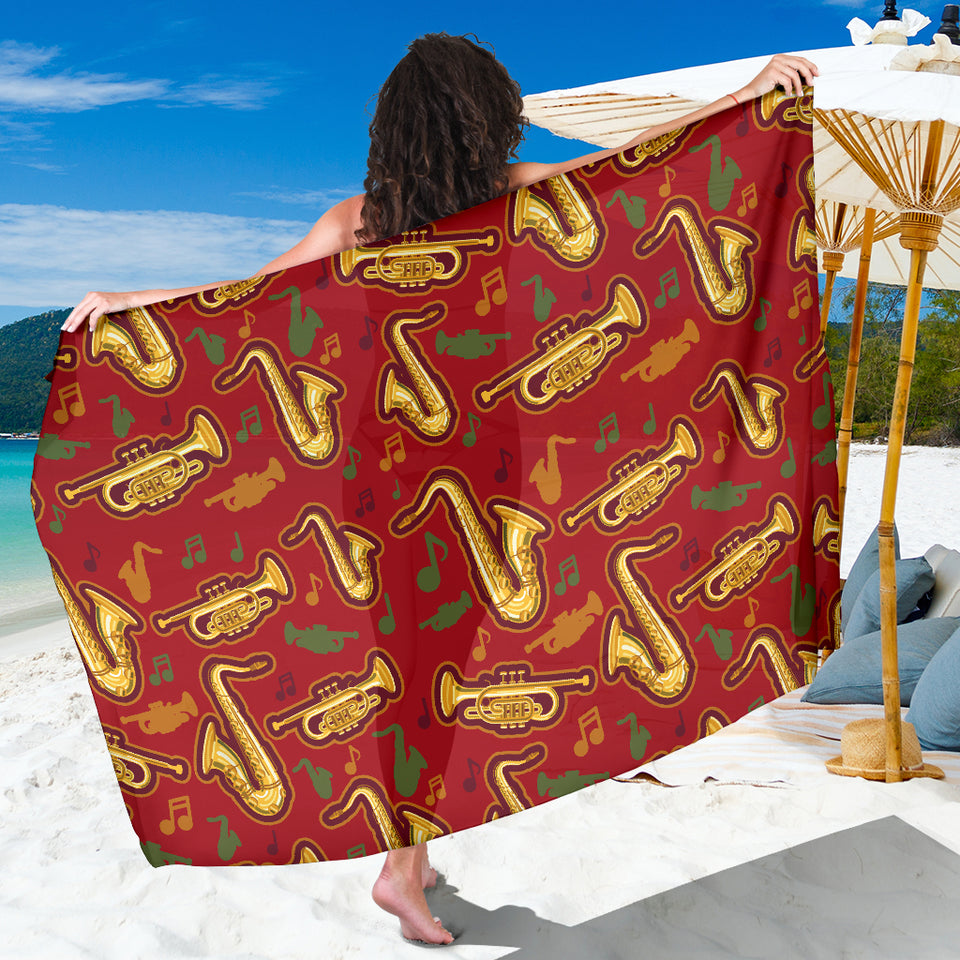 Saxophone Cornet Pattern Red Background Sarong