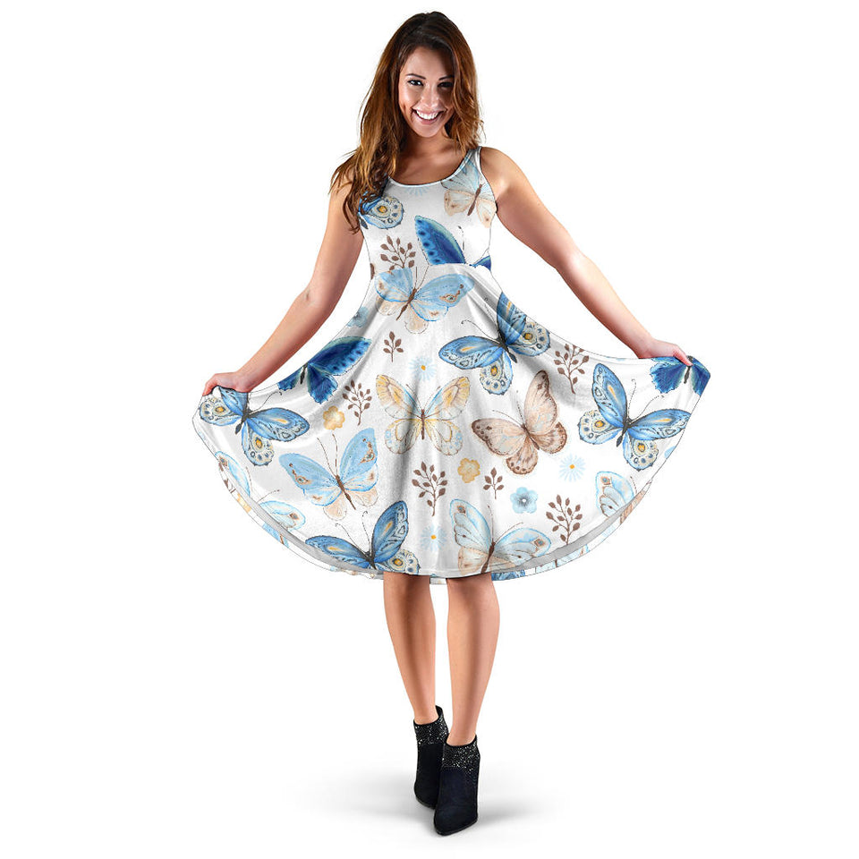 Blue Butterfly Pattern Sleeveless Midi Dress