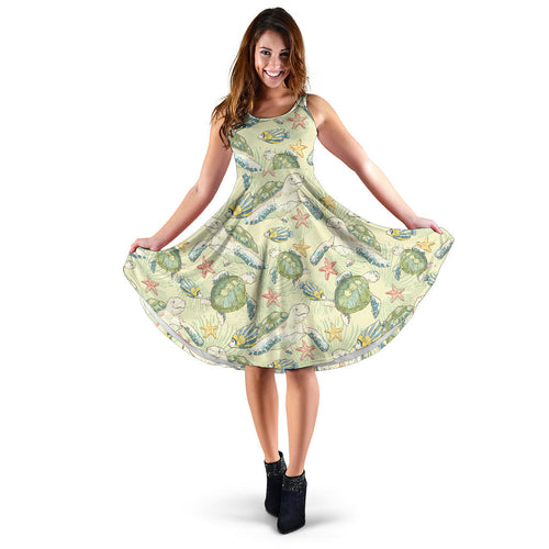 Hand Drawn Sea Turtle Fish Pattern Sleeveless Midi Dress