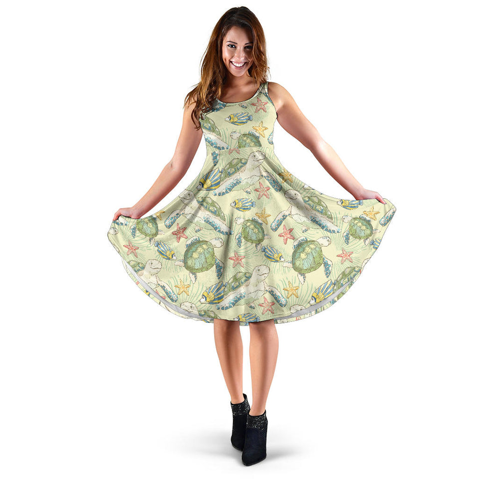 Hand Drawn Sea Turtle Fish Pattern Sleeveless Midi Dress
