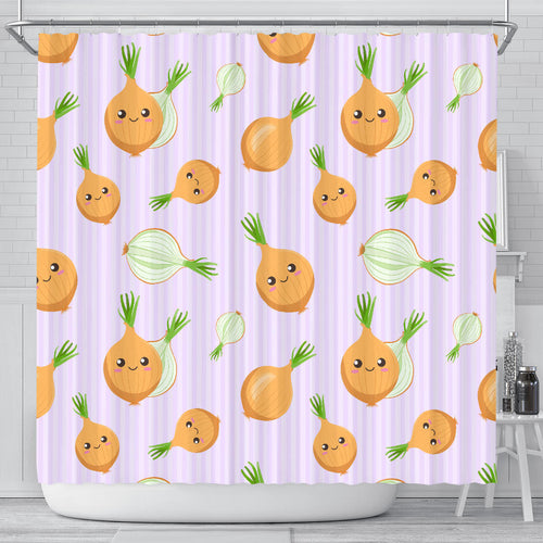Cute Onions Smiling Faces Purple Background Shower Curtain Fulfilled In US