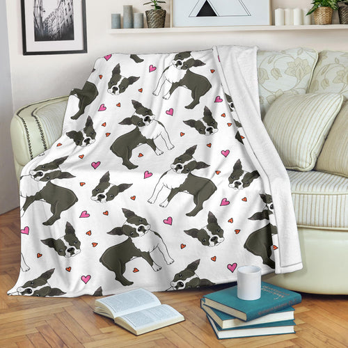 Boston Terrier Dog Hearts Vector Pattern Premium Blanket