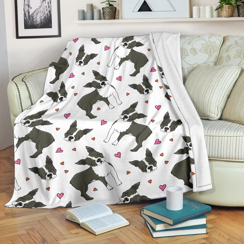 Boston Terrier Dog Hearts Vector Pattern Premium Blanket