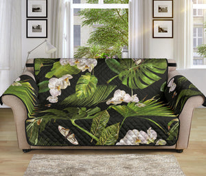 White orchid flower tropical leaves pattern blackground Sofa Cover Protector