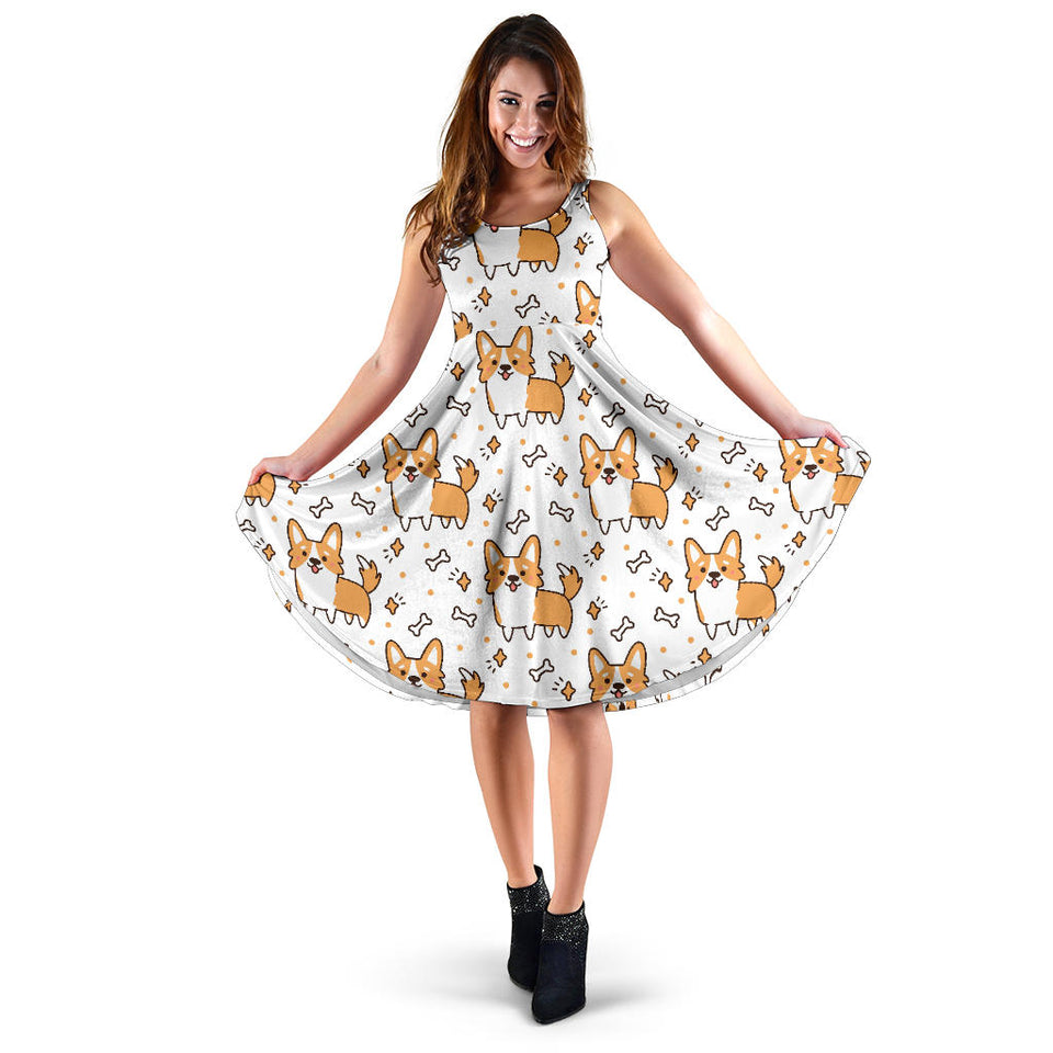 Cute Corgi Heart Star Bone Pattern Sleeveless Midi Dress