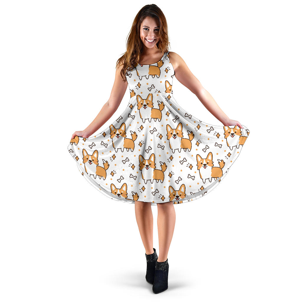 Cute Corgi Heart Star Bone Pattern Sleeveless Midi Dress