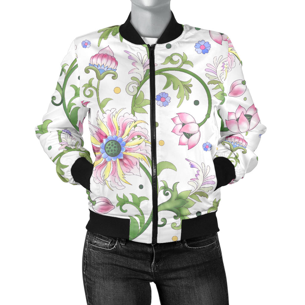 Beautiful Pink Lotus Waterlily Leaves Pattern Women'S Bomber Jacket