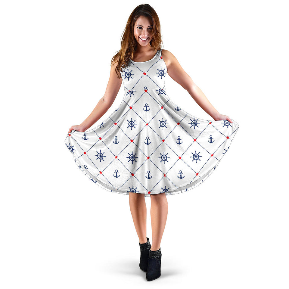 Anchor Rudder Nautical Design Pattern Sleeveless Midi Dress
