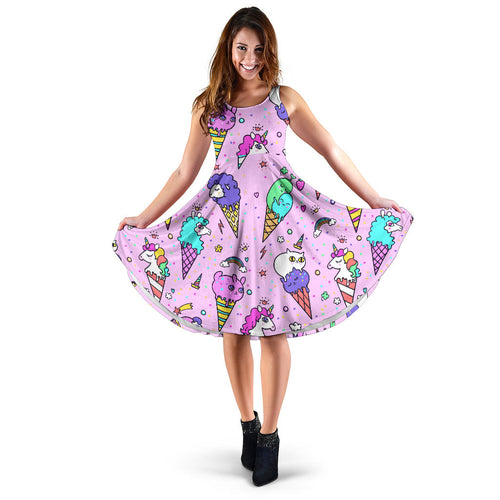 Cute Ice Cream Cone Animal Pattern Sleeveless Midi Dress