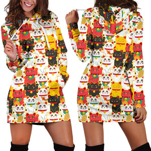 Colorful Maneki Neko Lucky Cat Pattern Women'S Hoodie Dress