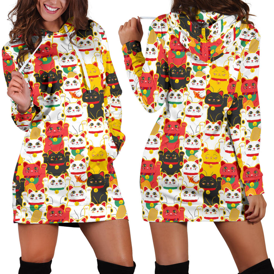 Colorful Maneki Neko Lucky Cat Pattern Women'S Hoodie Dress