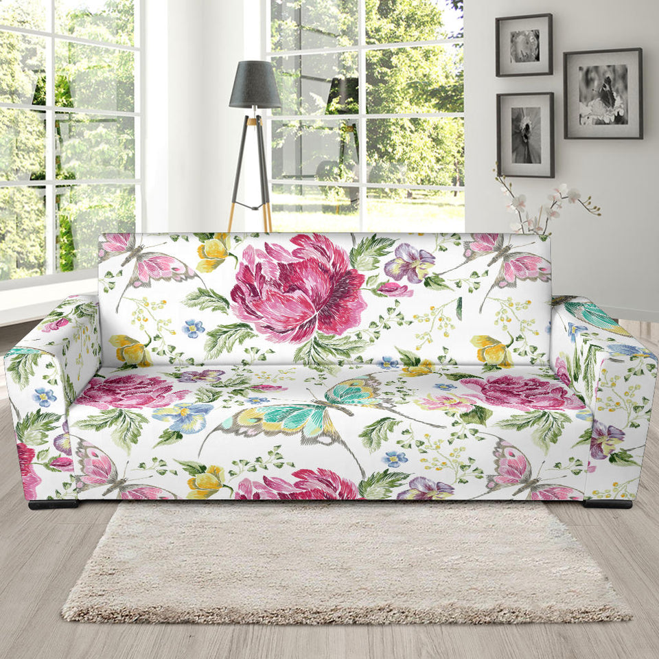 Hand Drawn Butterfly Rose Sofa Slipcover