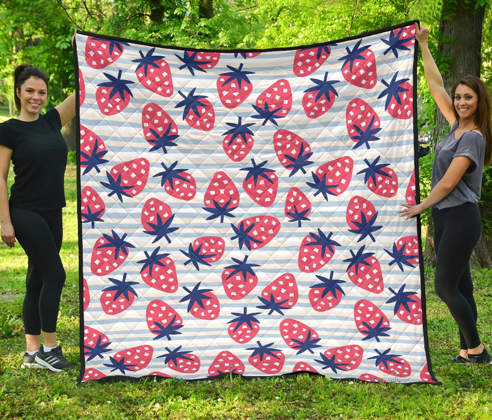 Strawberry Pattern Blue Lines Background Premium Quilt