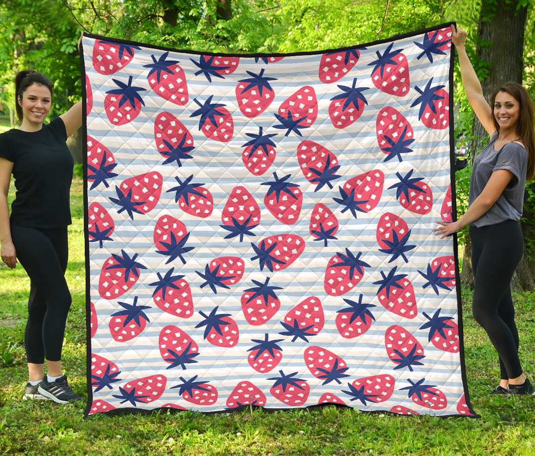 Strawberry Pattern Blue Lines Background Premium Quilt