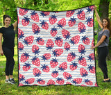 Strawberry Pattern Blue Lines Background Premium Quilt