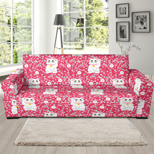 Maneki Neko Lucky Cat Sakura Pink Background Sofa Slipcover