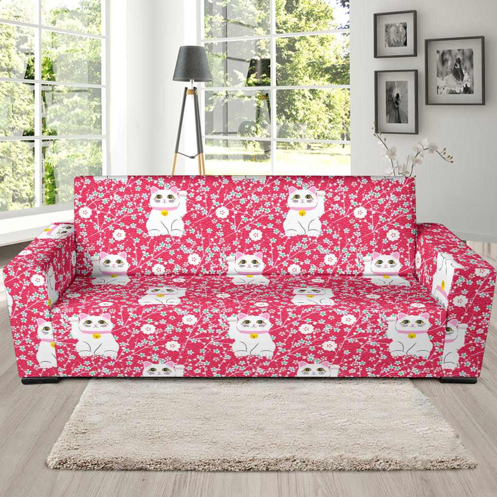 Maneki Neko Lucky Cat Sakura Pink Background Sofa Slipcover