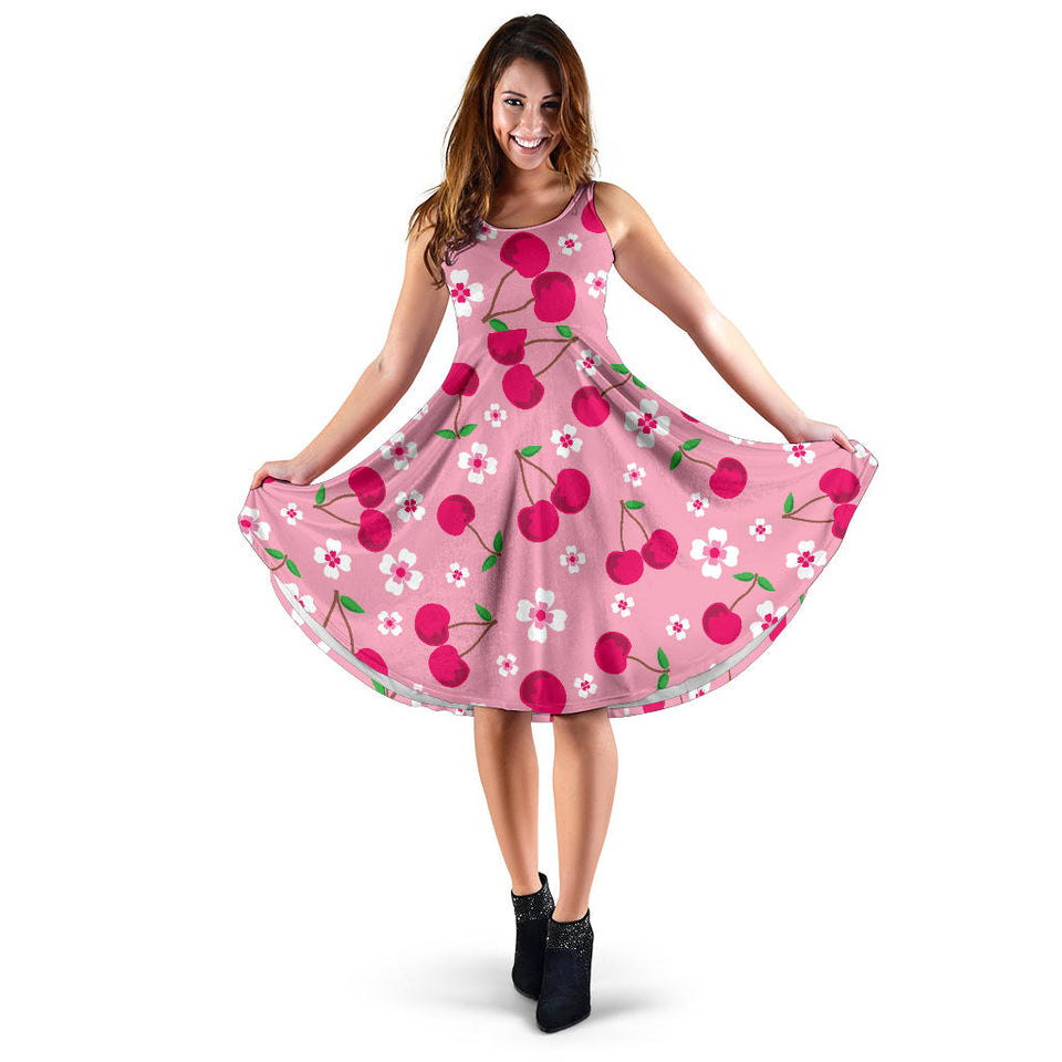 Cherry Flower Pattern Pink Background Sleeveless Midi Dress