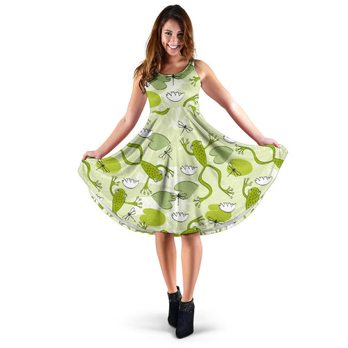 Cute Frog Dragonfly Pattern Sleeveless Midi Dress