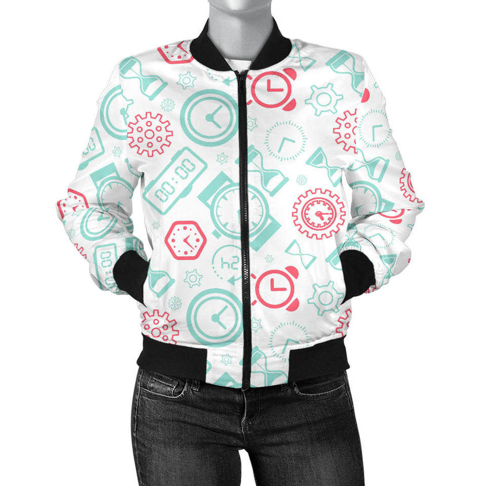 Clock Time Pattern Blackground Women'S Bomber Jacket
