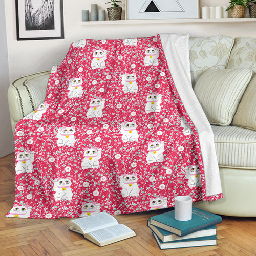Maneki Neko Lucky Cat Sakura Pink Background Premium Blanket