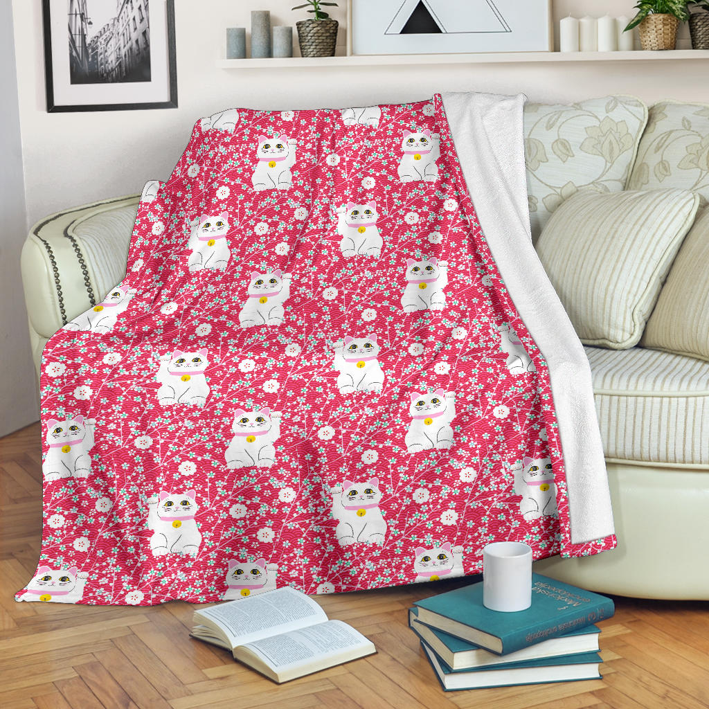Maneki Neko Lucky Cat Sakura Pink Background Premium Blanket