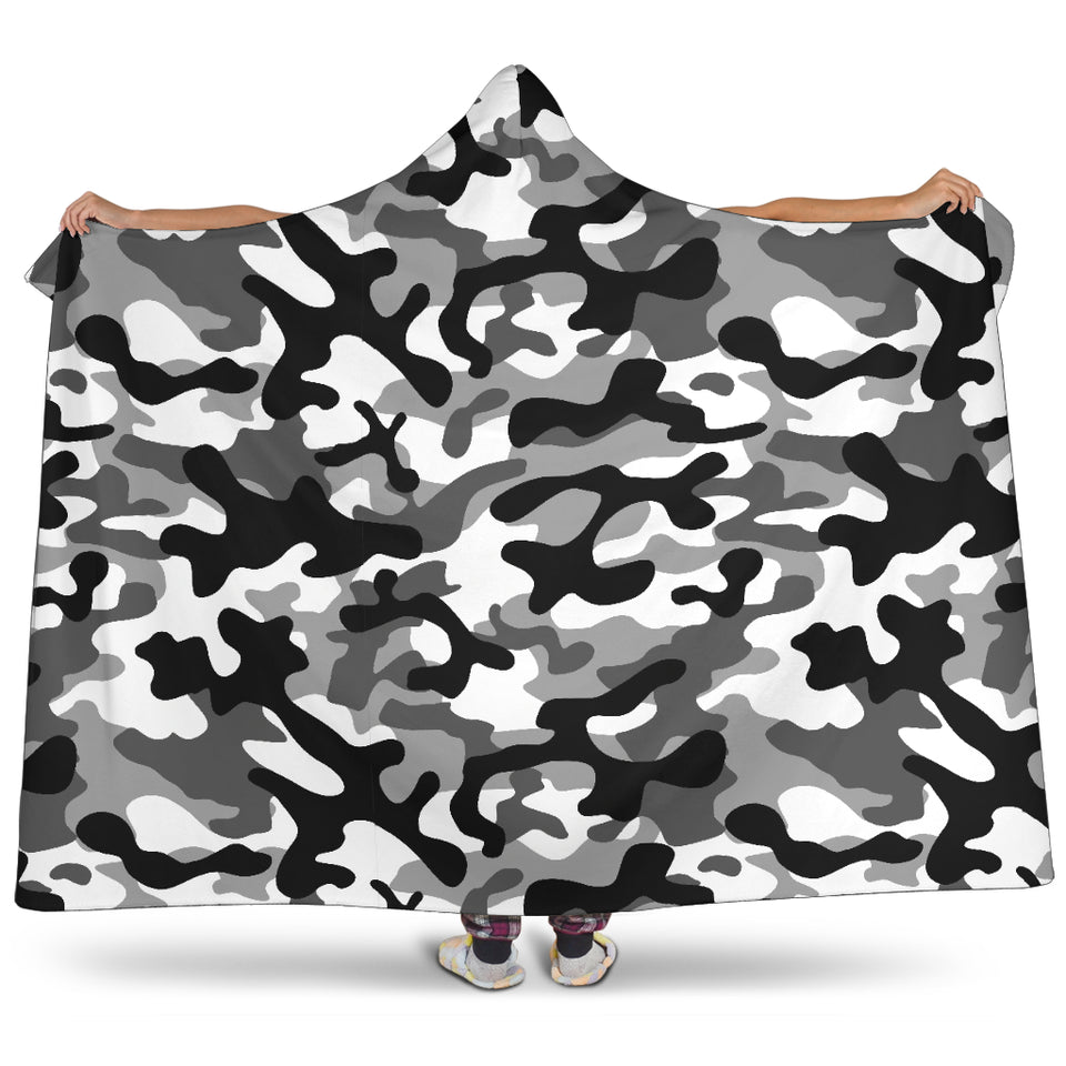 Black White Camo Camouflage Pattern Hooded Blanket