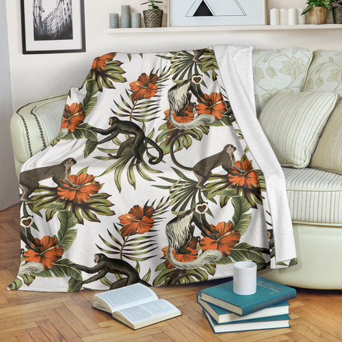 Monkey Red Hibiscus Flower Palm Leaves Floral Pattern Premium Blanket