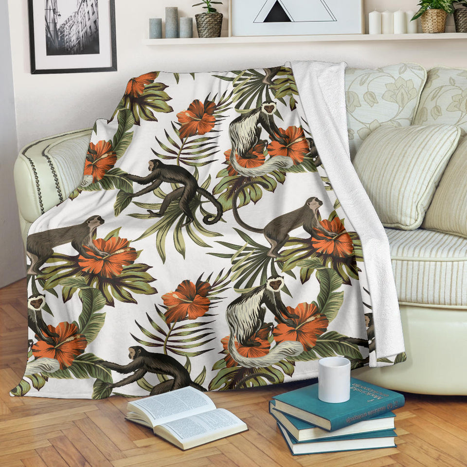 Monkey Red Hibiscus Flower Palm Leaves Floral Pattern Premium Blanket