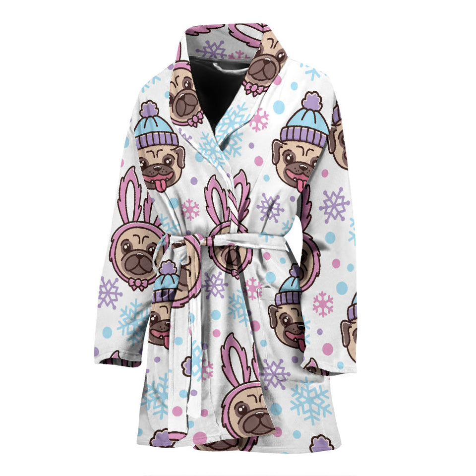 Cute Pug Hat Rabbit Costume Pattern Women'S Bathrobe
